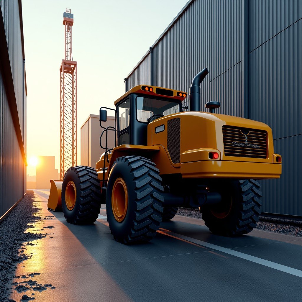 A heavy machinery equipment in a modern construction site, sunlight reflecting on metallic surfaces, high detail, realistic, 4:3 aspect ratio