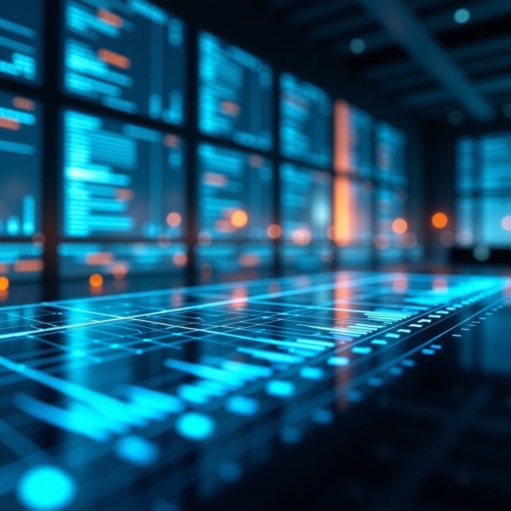 Futuristic glass workspace with glowing abstract data points and digital analytical tools, reflecting a professional atmosphere, high-end photography, 4:3 aspect ratio.