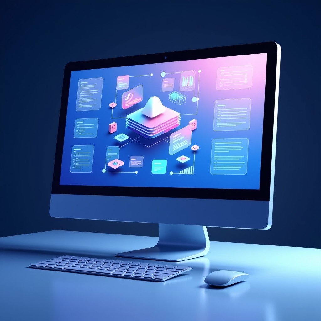 A high-tech unified software interface on a desktop screen, clean and sleek layout, floating UI elements, digital workflow illustration, cool color palette, professional look, 4:3.