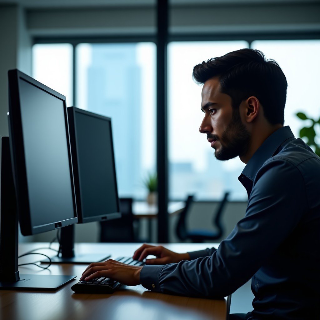 A professional working on a high-tech computer setup in a modern office, focused expression, cinematic depth of field, natural office lighting, 4:3.