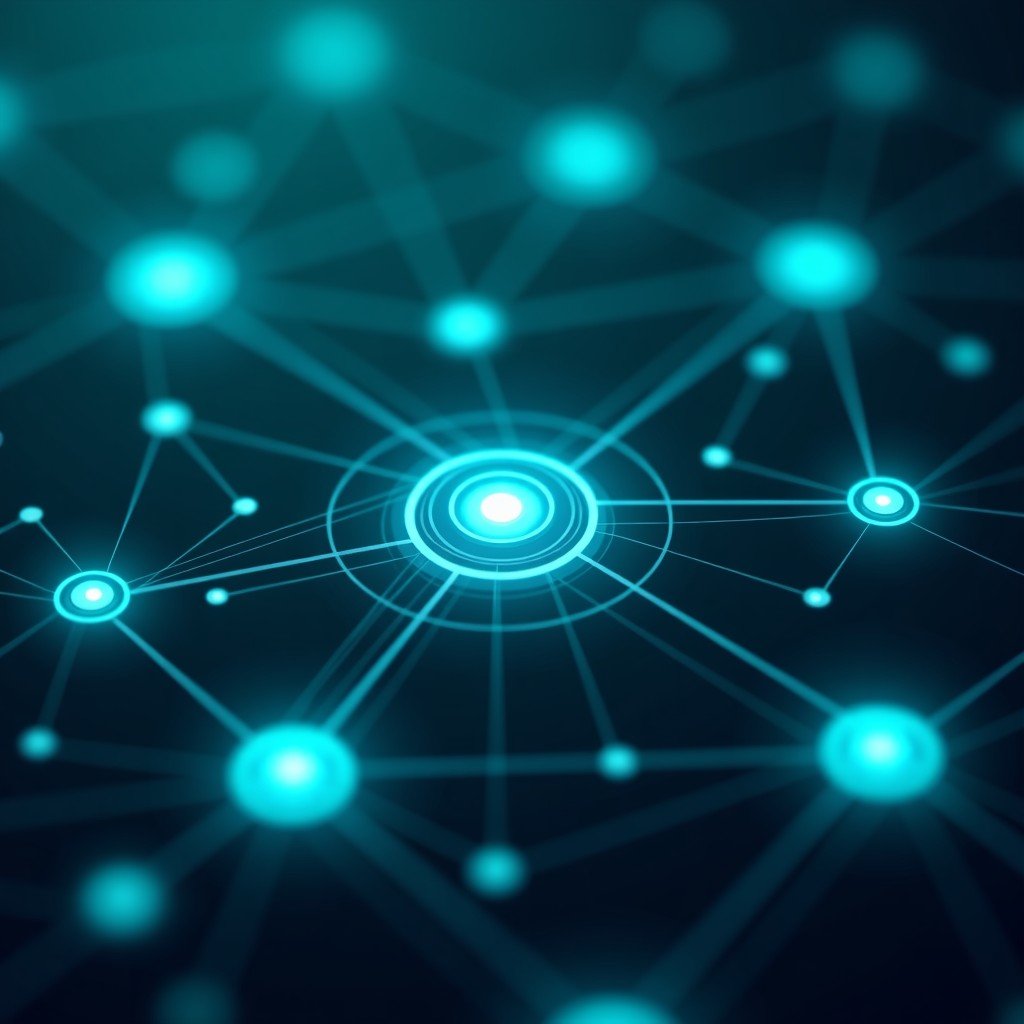 Abstract representation of digital integration, glowing nodes connecting in a sophisticated web, deep blue and teal colors, clean background, 4:3.
