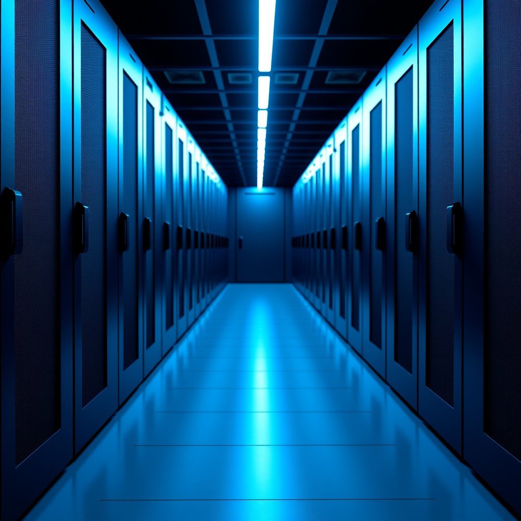 Modern data center interior with illuminated server racks, cold blue lighting, high tech enterprise environment, realistic photography, 4:3