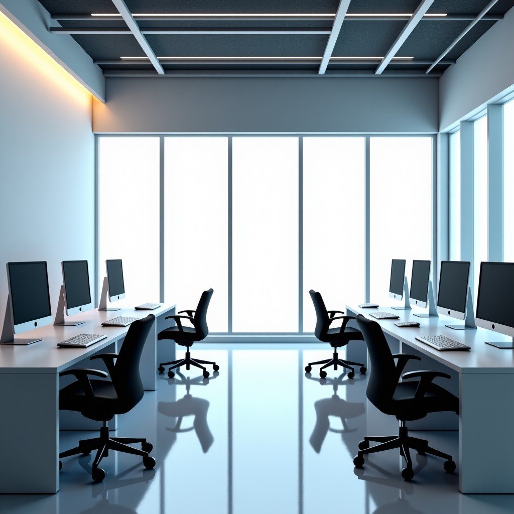 A minimalist modern office workspace with multiple displays and high-end workstations, clean design, bright lighting, professional setting, 4:3