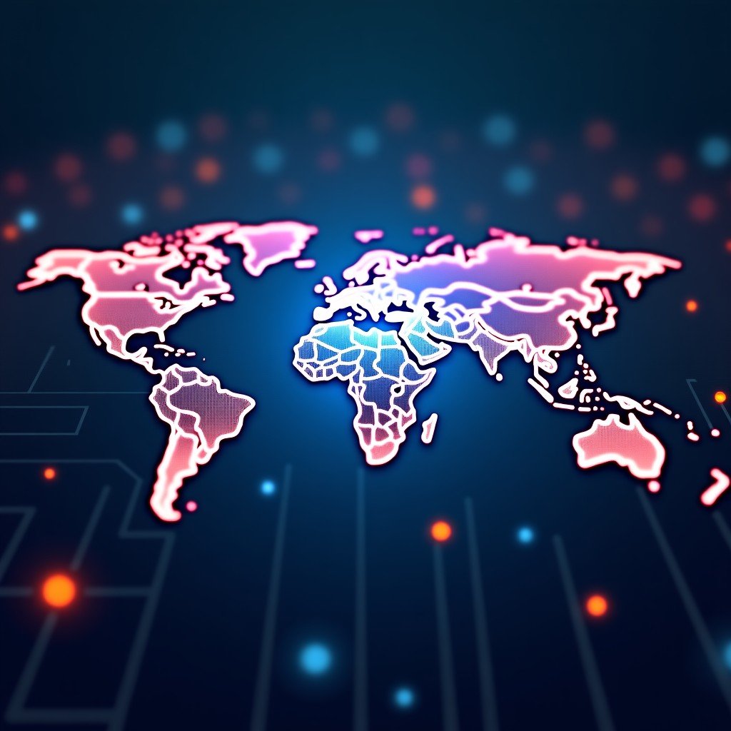 Abstract representation of global digital connectivity and future technology, glowing lines and network hubs, high quality professional photography, 4:3