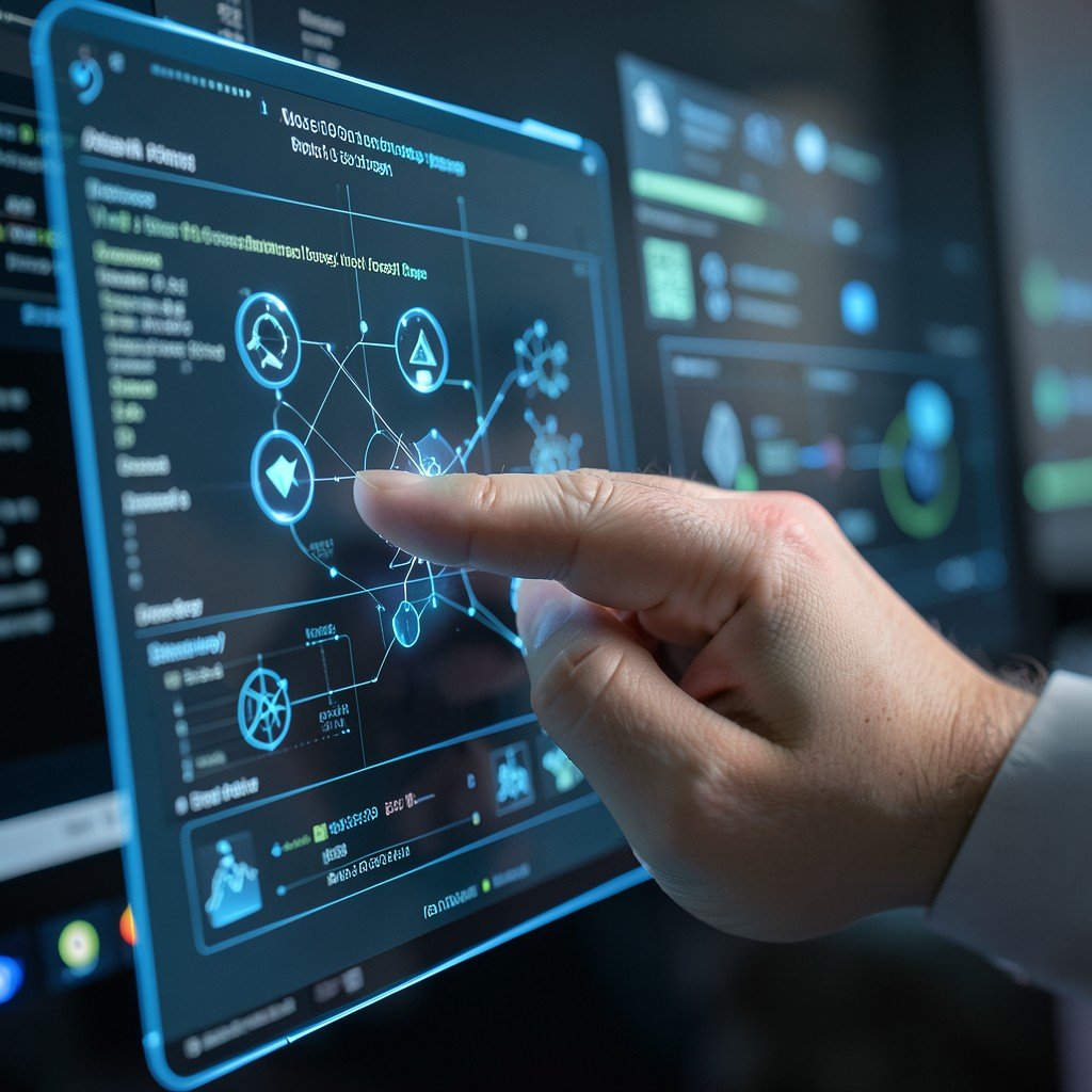 Close-up of a human hand using a high-tech computer interface with complex software workflows and abstract digital icons, professional atmosphere, realistic style, 16:9 ratio.
