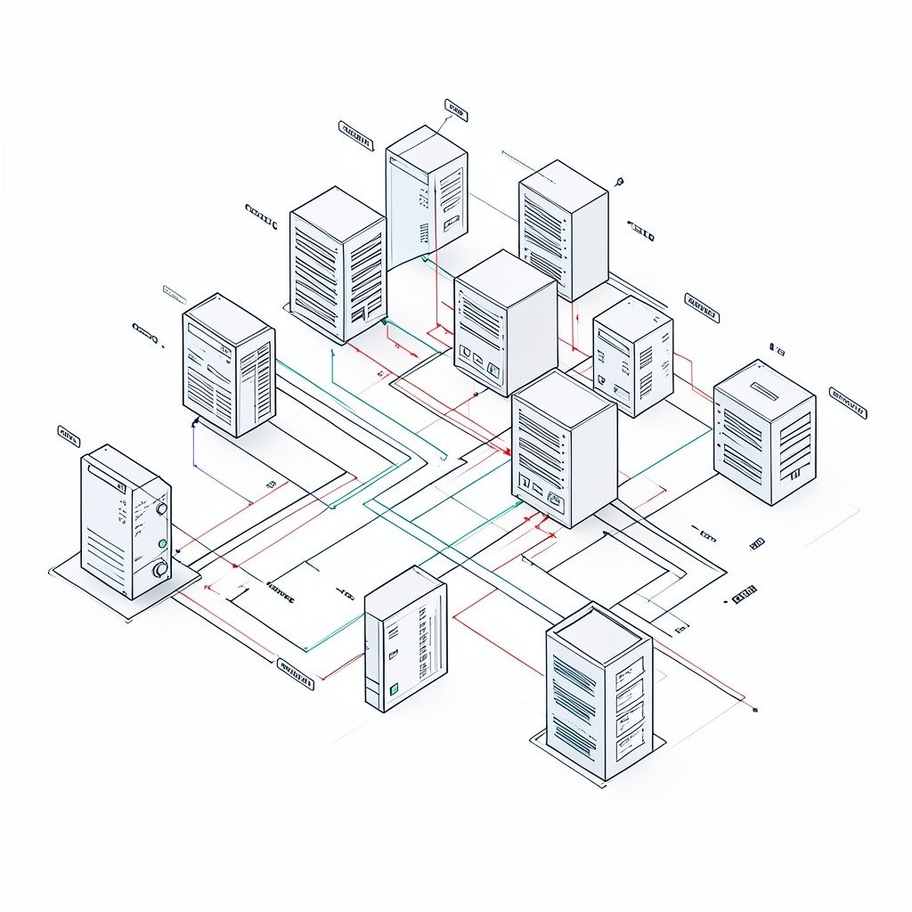 Abstract representation of software infrastructure, servers, and data flow, tech-centric, professional clean lines, high resolution, 16:9 ratio.