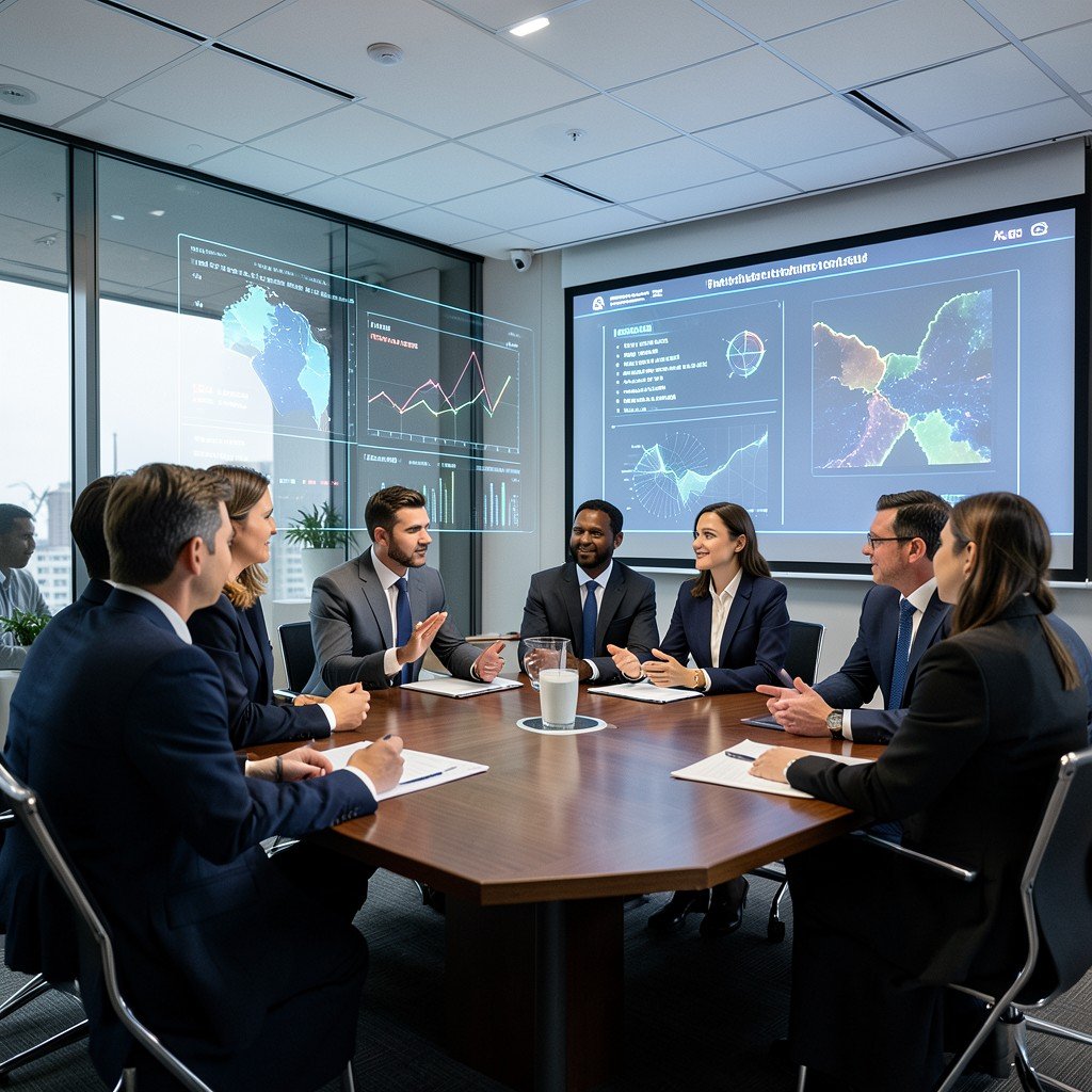 A professional office meeting room with holographic charts and digital projection, business people discussing strategy, sophisticated atmosphere, realistic, 16:9 ratio.