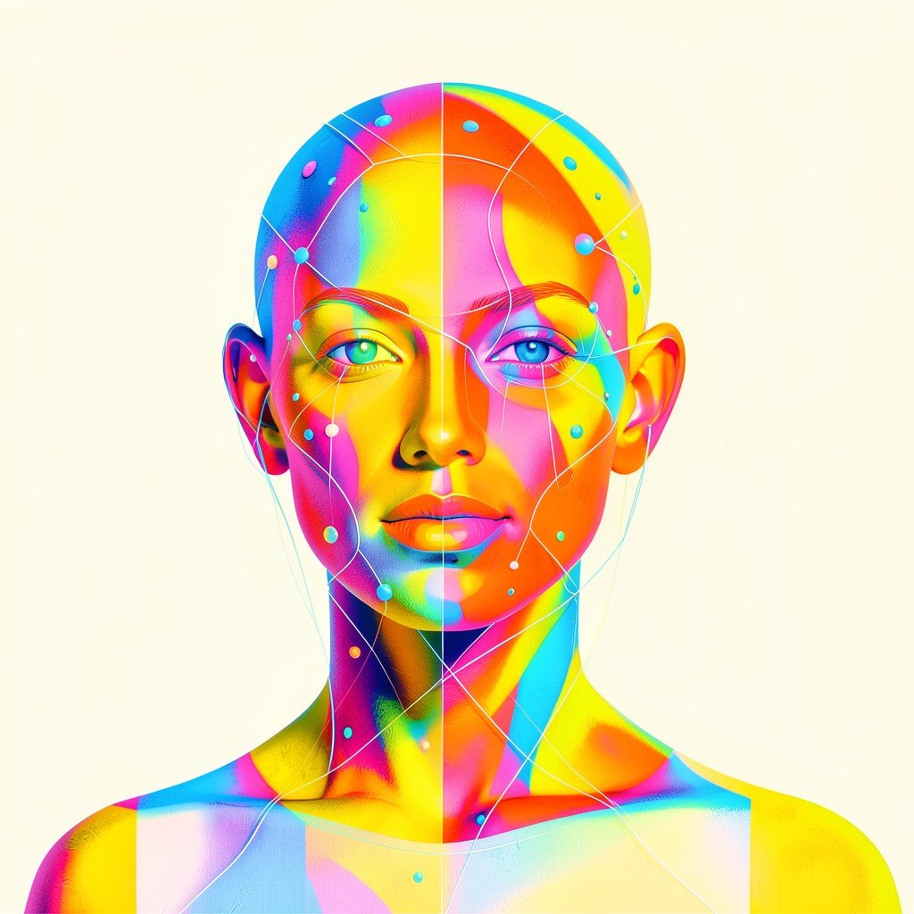 Conceptual art of human and artificial intelligence synergy, bright and warm colors, minimalist background, high detail, 1:1