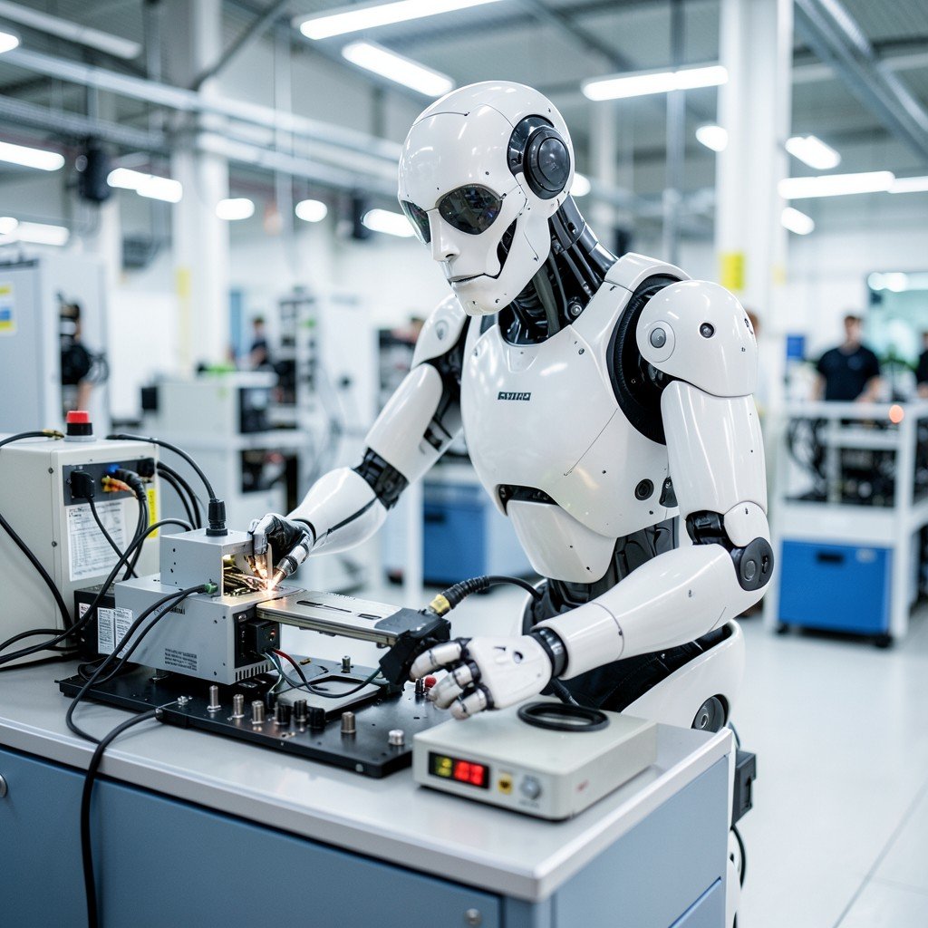 A humanoid robot performing precise tasks in a modern high-tech smart factory, clean manufacturing environment, depth of field, high quality photorealistic, 4:3