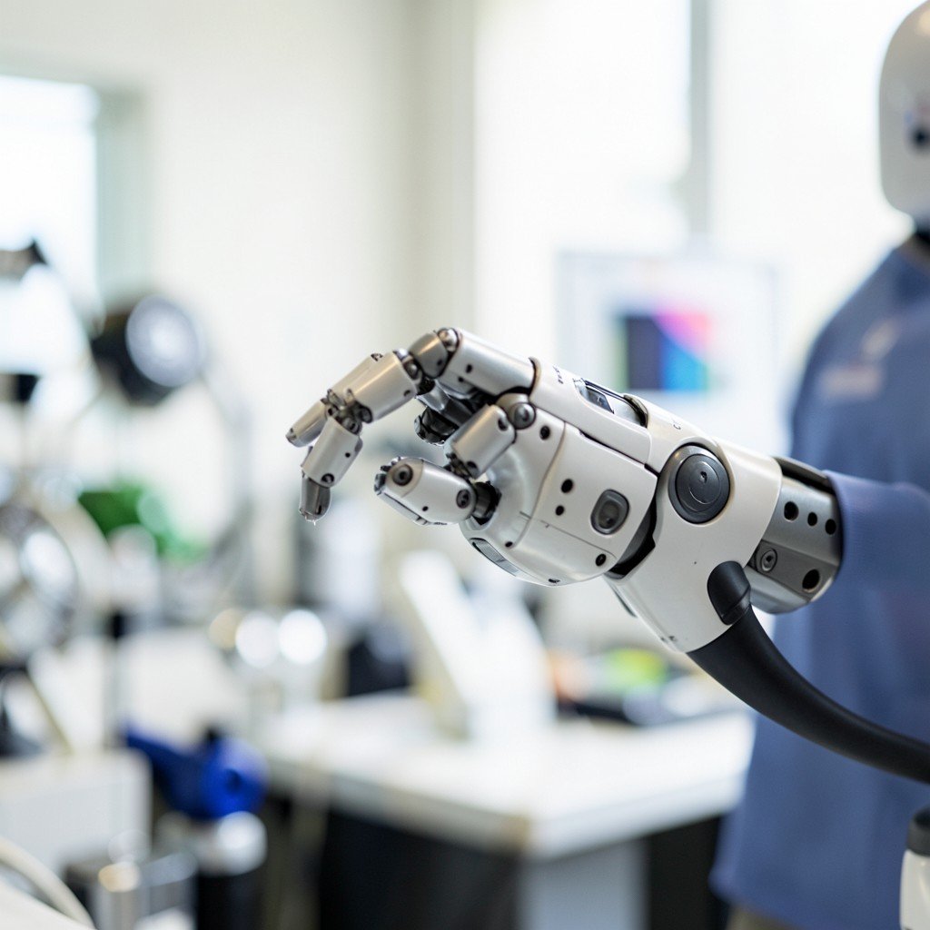 Close-up of a sophisticated humanoid robot arm performing delicate movements in a research lab, blurred background of engineering equipment, natural lighting, 4:3