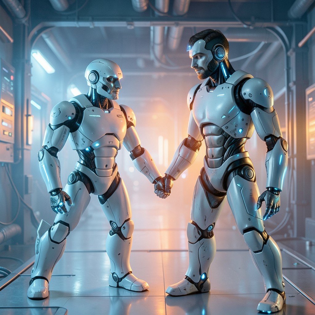 A futuristic concept of human and robot collaboration, optimistic atmosphere, soft blue and orange lighting, high-tech industrial aesthetic, 4:3