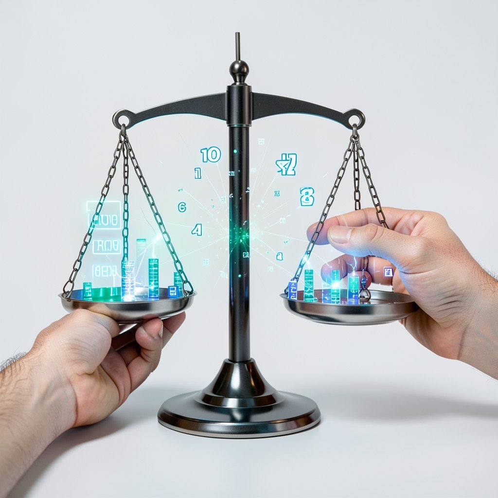 A concept image of a balance scale with digital code symbols and human hands working together. Abstract, clean background, focus on technology ethics. Realistic, 4:3 aspect ratio.