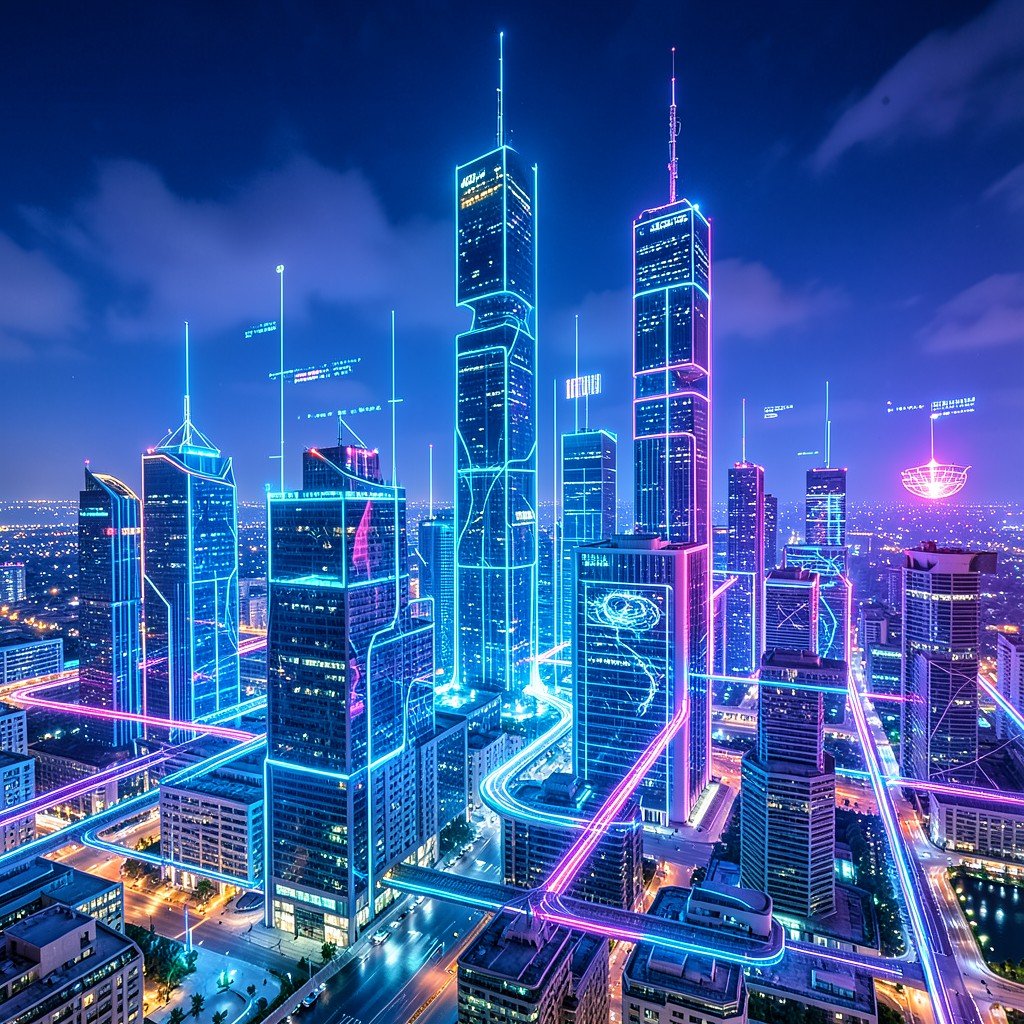 A futuristic city skyline with digital integration and glowing lines of light, representing technological progress and smart infrastructure. Vibrant, 4:3 aspect ratio.