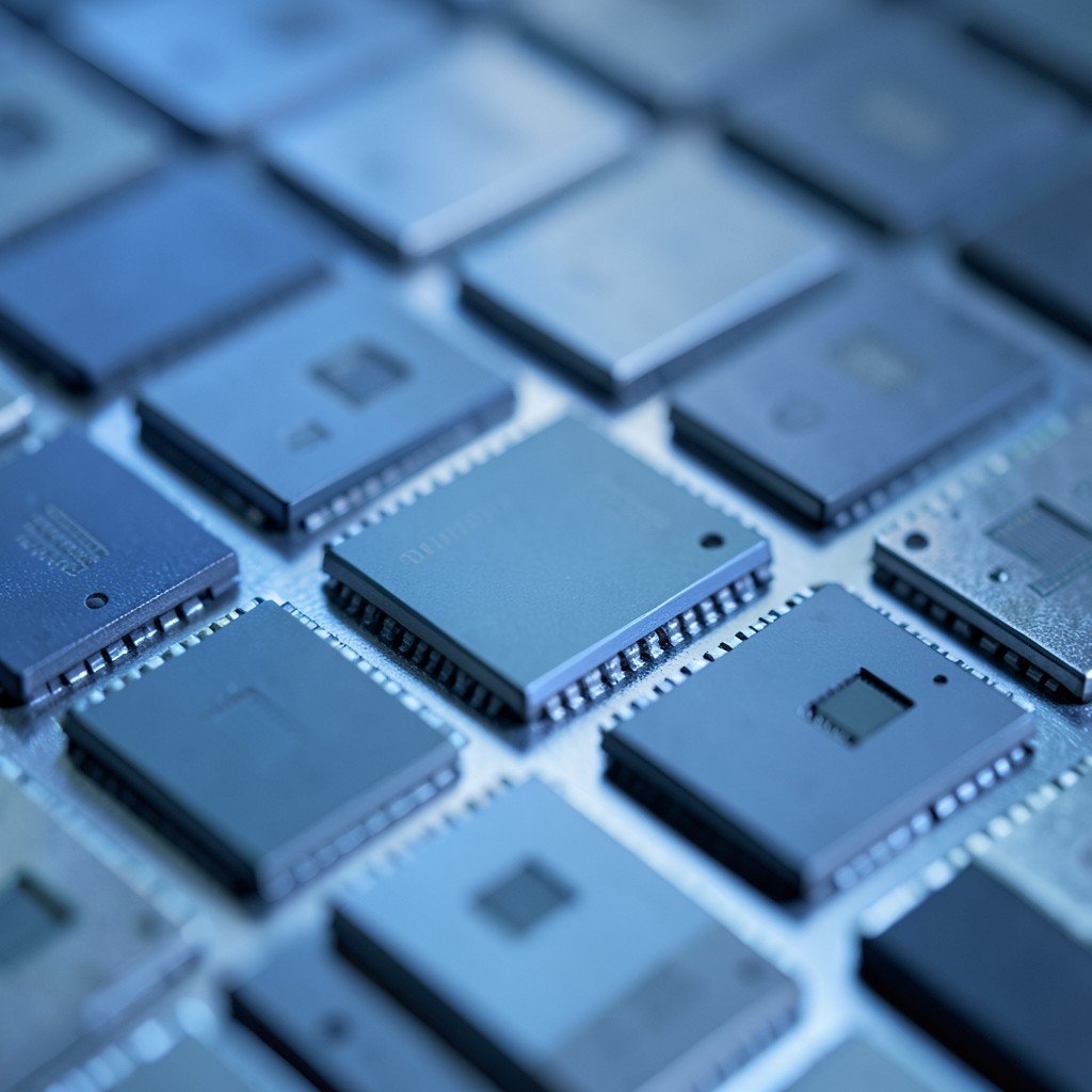 Close-up of high-tech semiconductor chips arranged in a grid pattern with soft blue ambient lighting and metallic textures, industrial tech aesthetic, 4:3