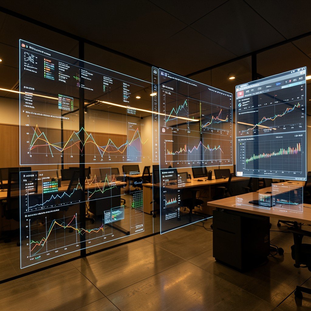 A modern office workspace with multiple holographic screens displaying complex data charts and software interfaces, warm lighting, professional atmosphere, 4:3