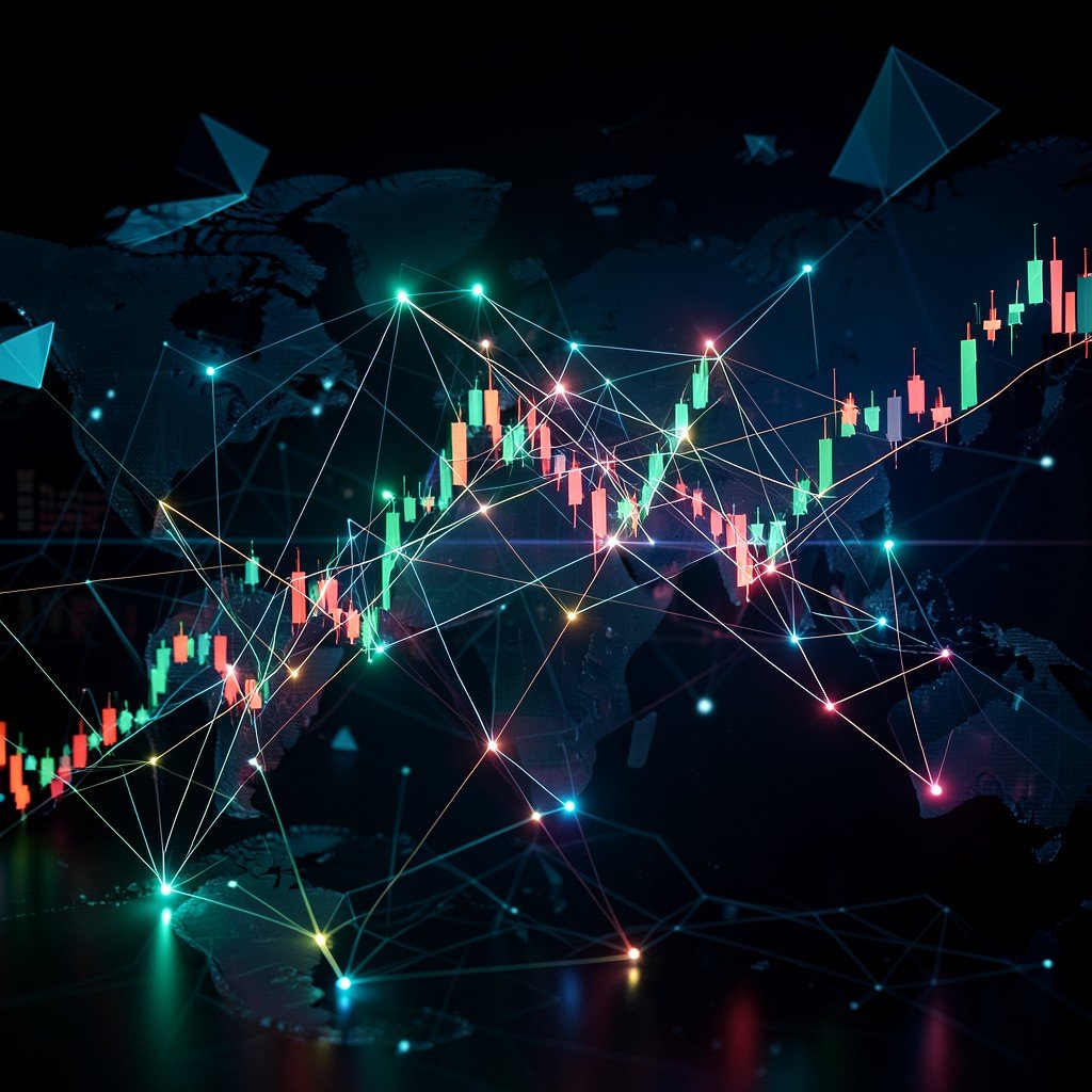 Abstract representation of global stock market connectivity with glowing lines and geometric shapes, cinematic lighting, sophisticated financial technology style, 4:3