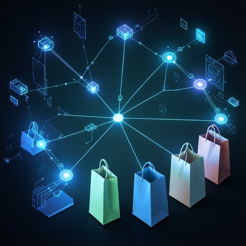 Abstract representation of technology and commerce, glowing digital nodes connecting to shopping bags, professional, high quality, 16:9 aspect ratio