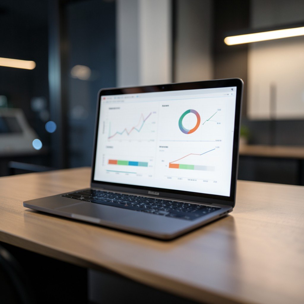 A professional office desk with a laptop screen showing vague analytical charts and slow progress bars, soft ambient lighting, high-end corporate aesthetic, shallow depth of field, 16:9 aspect ratio.