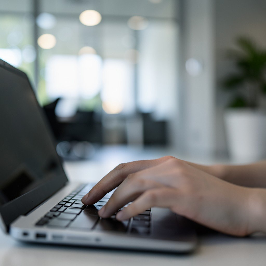 Close up shot of hands typing on a laptop keyboard with bokeh background of a modern office environment, professional atmosphere, neutral colors, cinematic lighting, 16:9 aspect ratio.