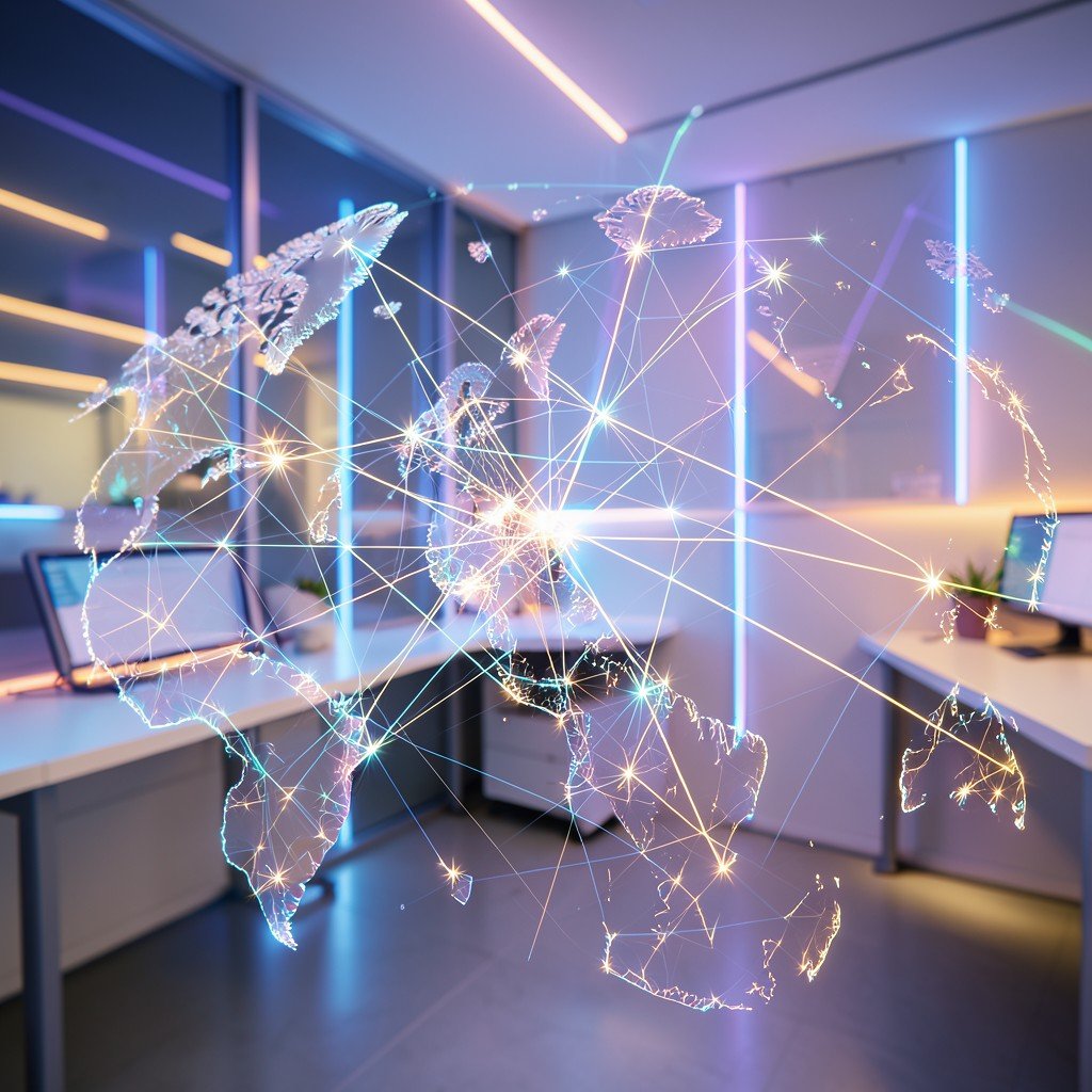 Abstract representation of global digital network connections with light trails, clean professional workspace in the background, neon and soft warm light contrast, high tech atmosphere, 16:9 aspect ratio.