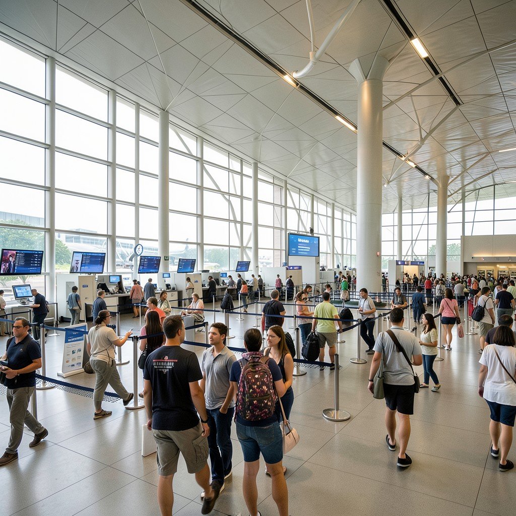 Busy international airport check-in area with modern architectural design, soft natural lighting, diverse travelers, realistic style, 4:3