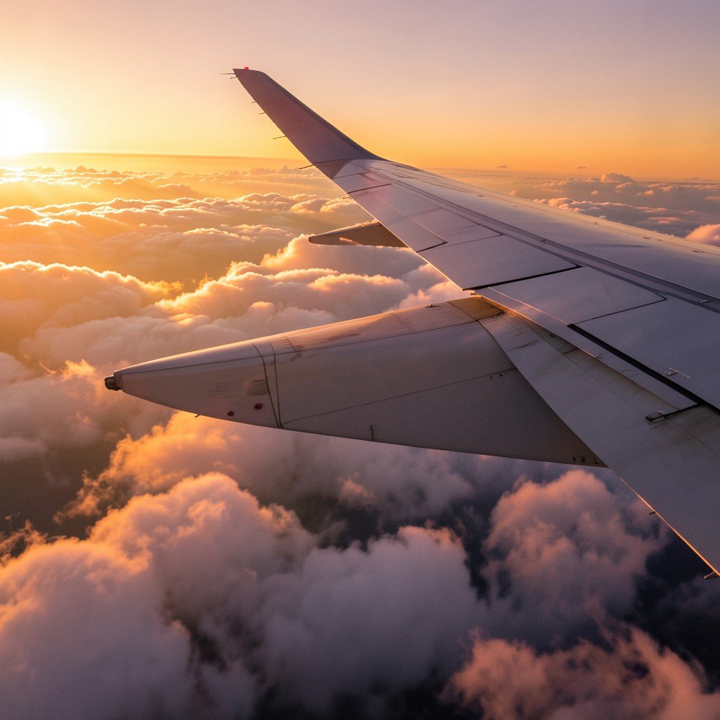Close-up of an airplane wing flying above the clouds during sunset, warm atmosphere, high resolution, 4:3