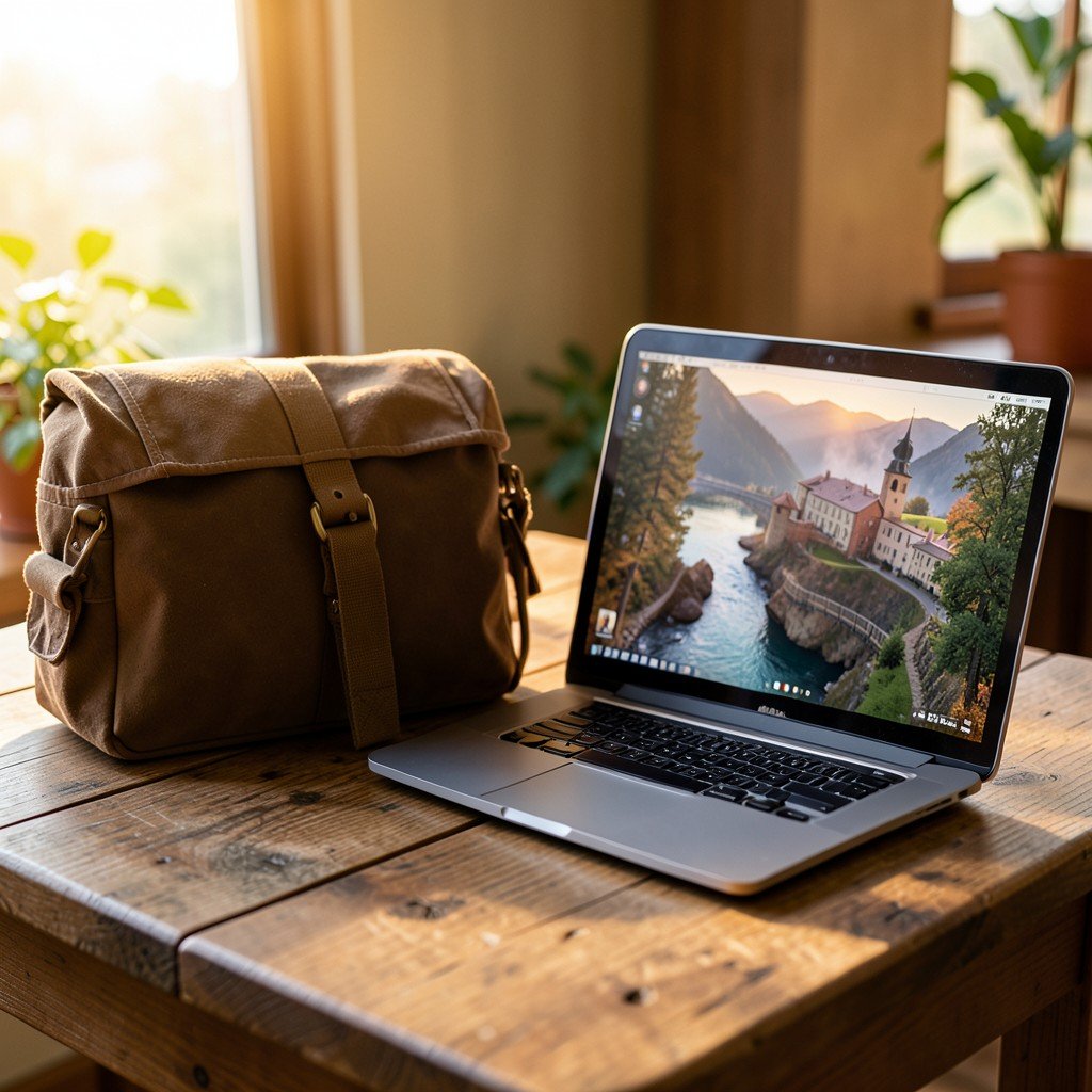 A travel bag and a laptop on a wooden table, preparing for a trip, comfortable and warm lifestyle photography, 4:3