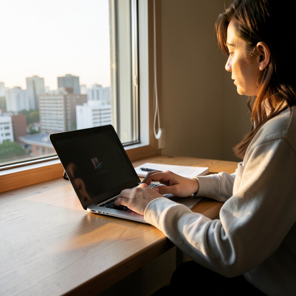 A person working on a minimalist laptop setup at a wooden desk with a window overlooking a city, warm natural morning light, 4:3