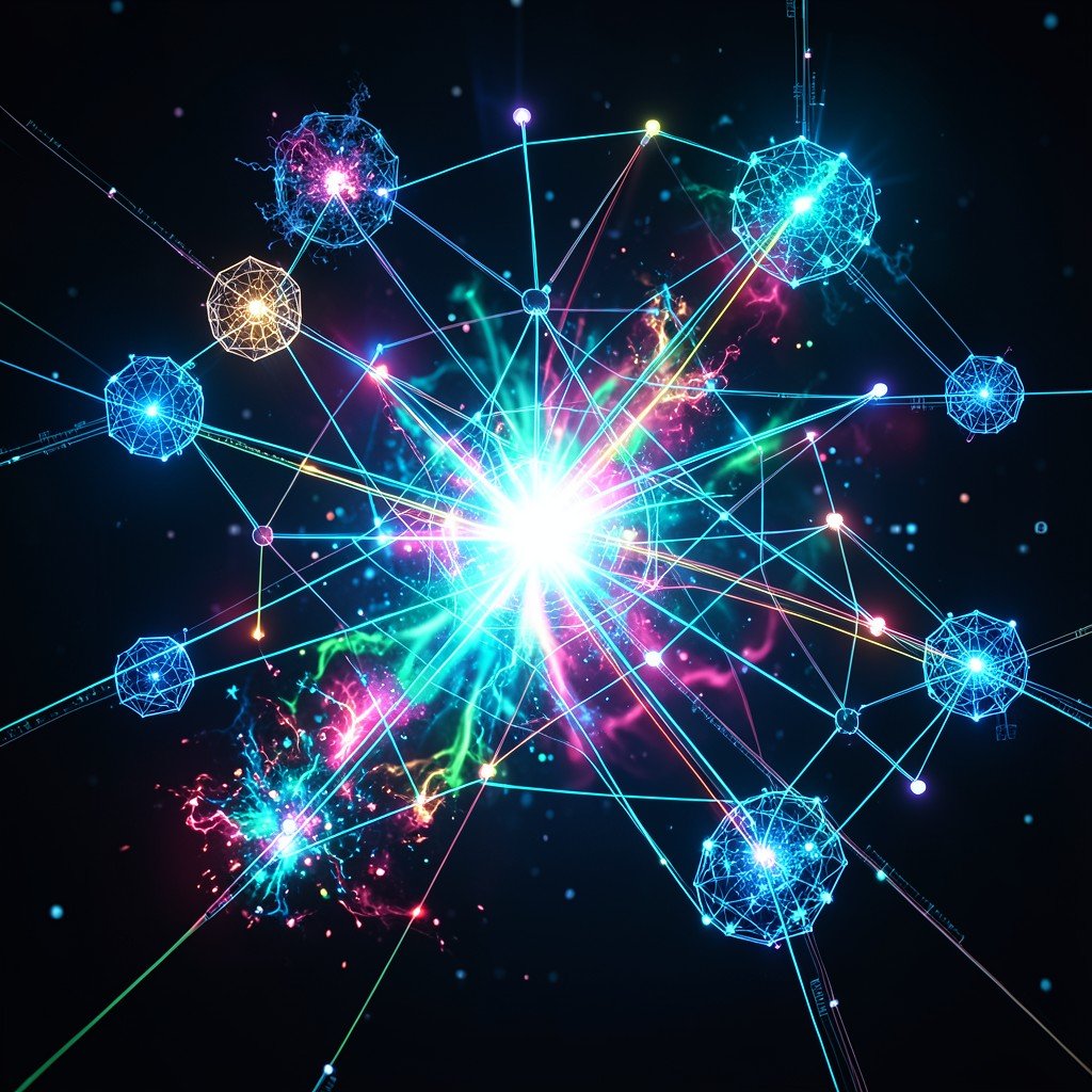 Abstract representation of interconnected artificial intelligence nodes and data clusters, vibrant energy pulses, professional technology aesthetic, 4:3