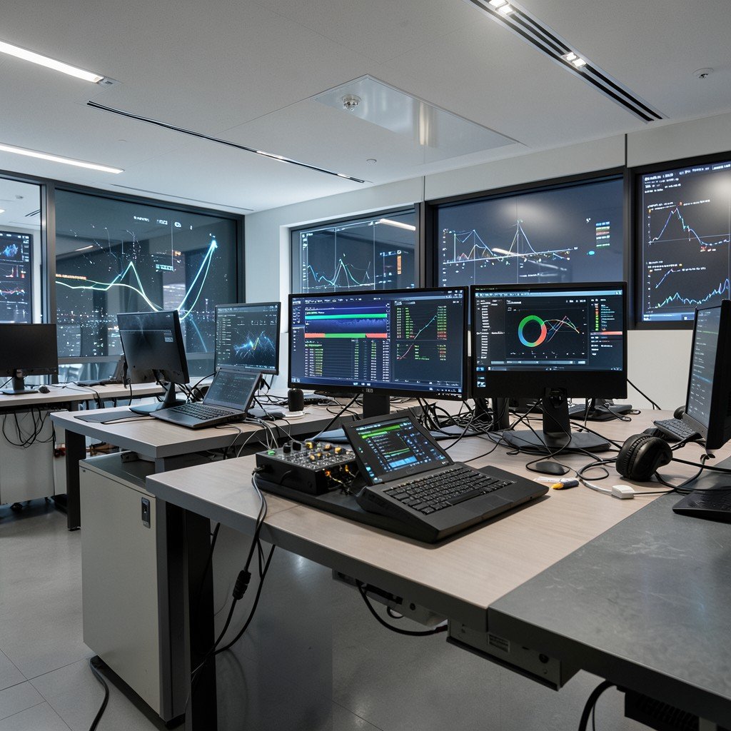 A sleek modern office environment with advanced hardware and digital interface, focus on data analysis and technology development, realistic, 16:9