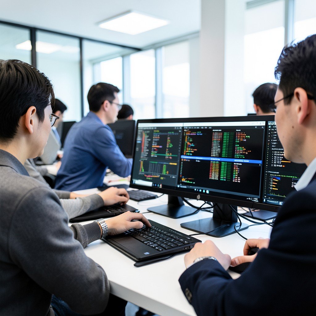 Close-up of professional technology team working on data screens, clean desk environment, high contrast, balanced lighting, 4:3