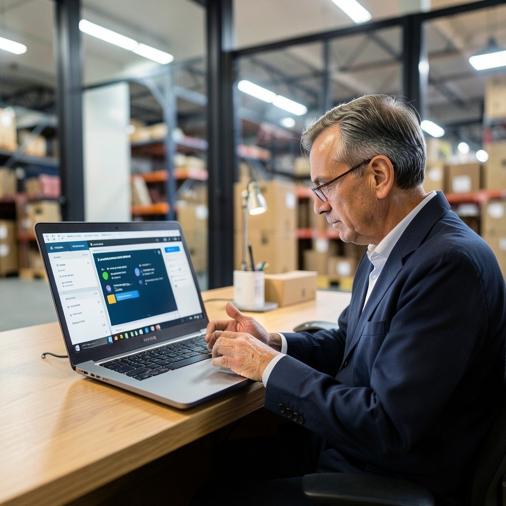 Professional logistics worker sitting in front of a laptop at a warehouse desk, modern training software interface on screen, soft office lighting, realistic, 4:3