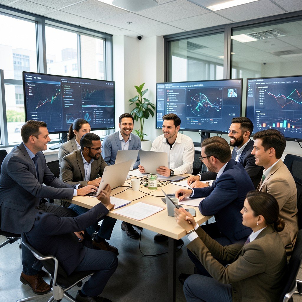 Diverse team of logistics professionals working together in a modern office space, digital data visualization on monitors, collaboration, 4:3