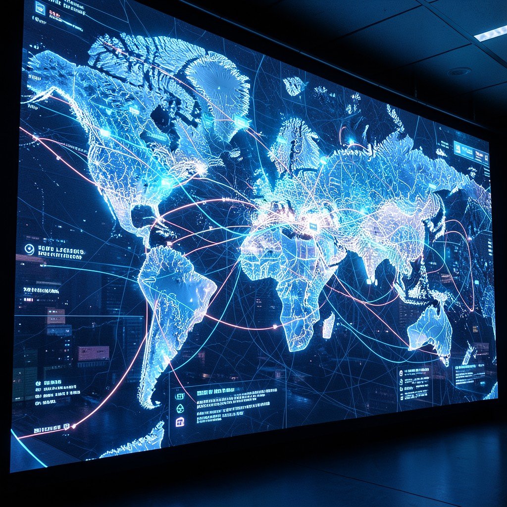Futuristic logistics tracking map on a large digital screen with global shipping routes, neon blue and white tones, high detail, 4:3