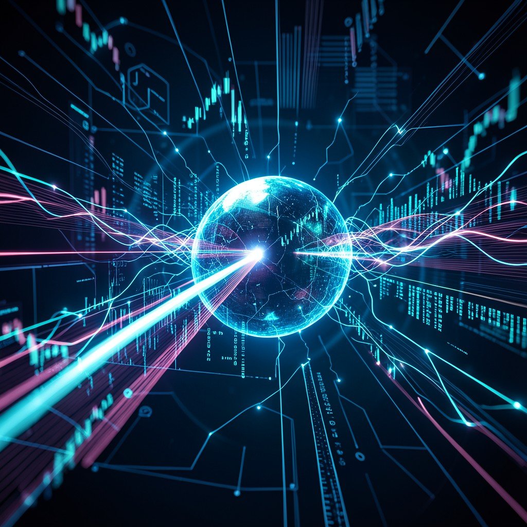 Abstract representation of artificial intelligence impacting financial transactions, digital data streams and glowing neural network connections, professional tech aesthetic, 4:3