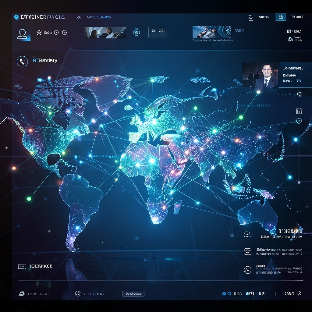 Futuristic global financial network, glowing nodes across a digital map, sleek user interface elements, professional and high-tech corporate style, 4:3