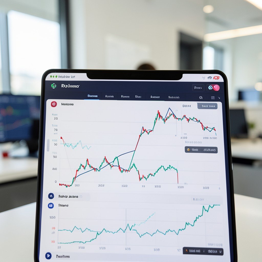 Close-up of professional stock analysis dashboard, clean and modern interface, depth of field, financial business setting, 4:3