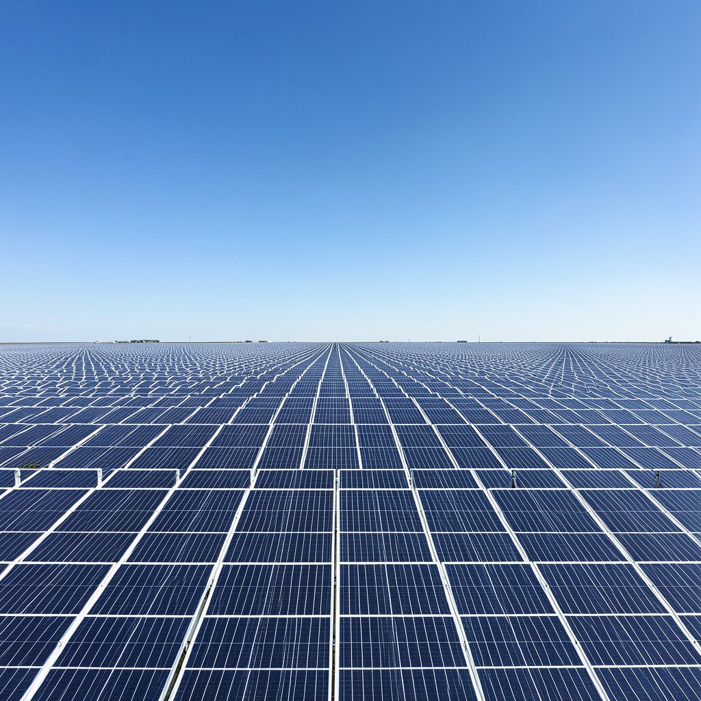 Wide shot of a massive modern solar farm under a clear blue sky, rows of solar panels extending to the horizon, high energy efficiency, clean energy theme, realistic photography, 16:9 aspect ratio