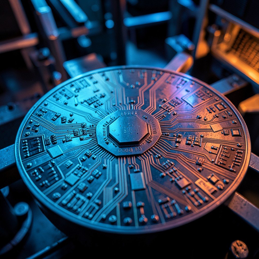 Extreme close up of a silicon semiconductor wafer with intricate microchip circuitry, illuminated by blue and orange light, high tech industrial environment, hyper-realistic, 16:9 aspect ratio