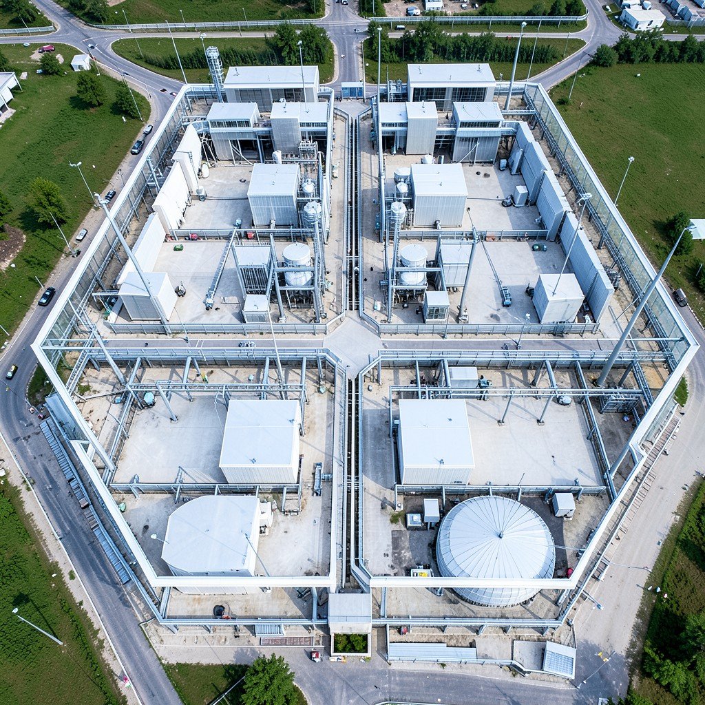 Aerial view of a large scale energy storage facility with modular units, high tech infrastructure, modern engineering, clean, symmetrical layout, 16:9 aspect ratio