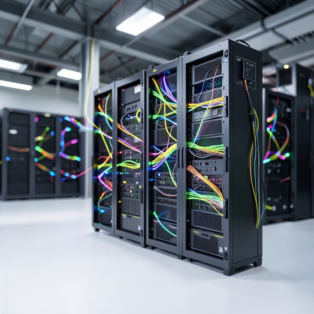 Modern server racks in a high-tech facility, glowing fiber optic cables, professional photography, clean background, depth of field, 4:3 aspect ratio.