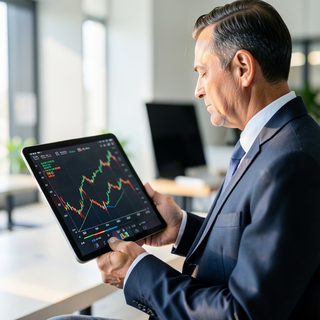 Business professional looking at a digital tablet with complex financial charts, in a clean modern office, soft sunlight, highly detailed, realistic, 4:3 aspect ratio.