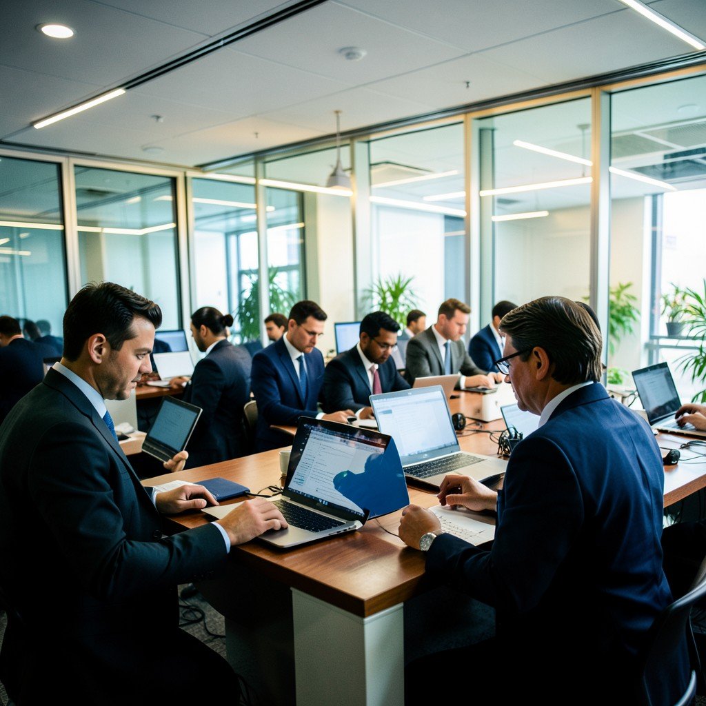 Busy corporate office, professional people working on high-end laptops, vibrant light, cinematic style, 16:9