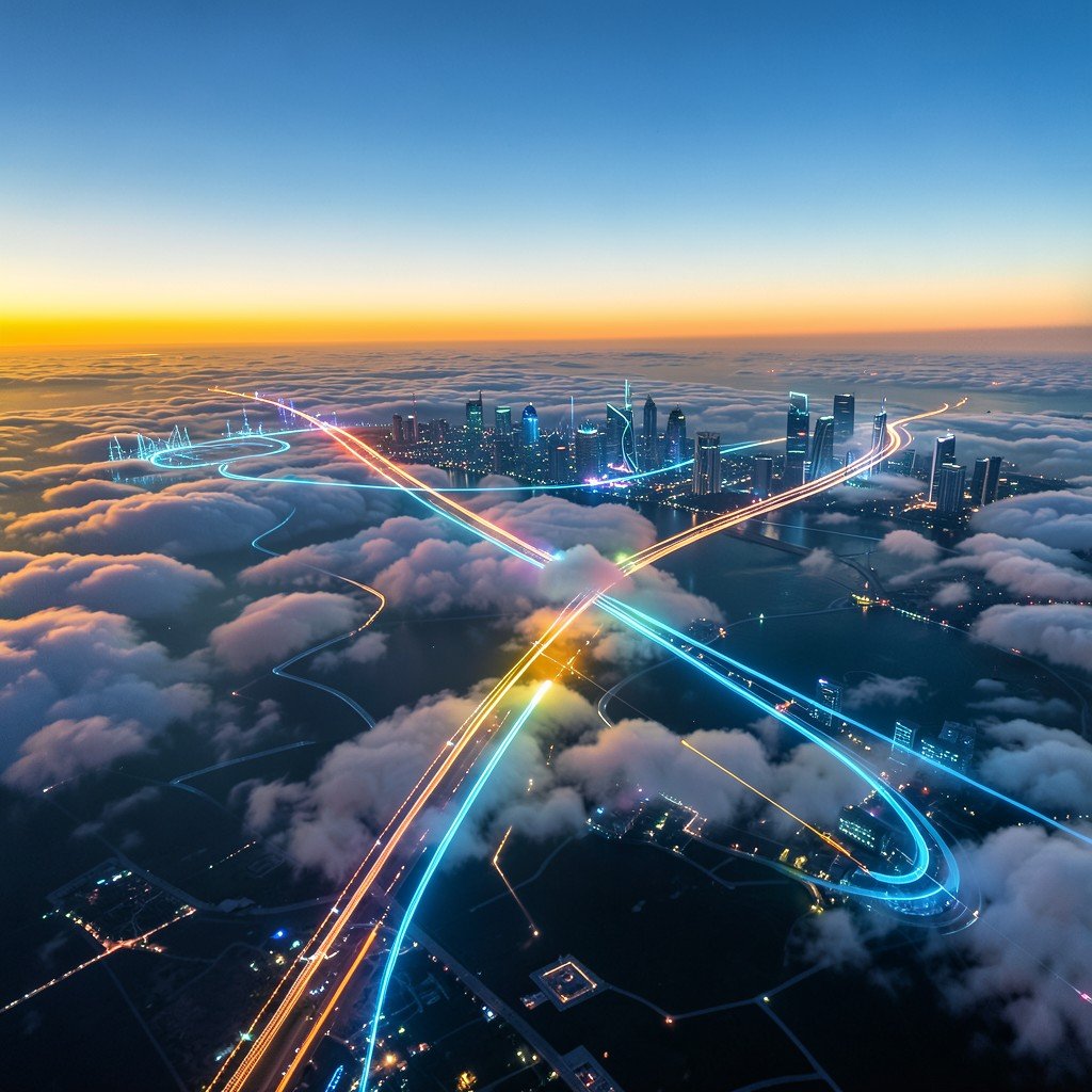 Aerial view of a flight path over clouds during sunset, symbolizing modern connectivity, high-tech travel, professional atmosphere, clear sky, cinematic, 16:9 aspect ratio.