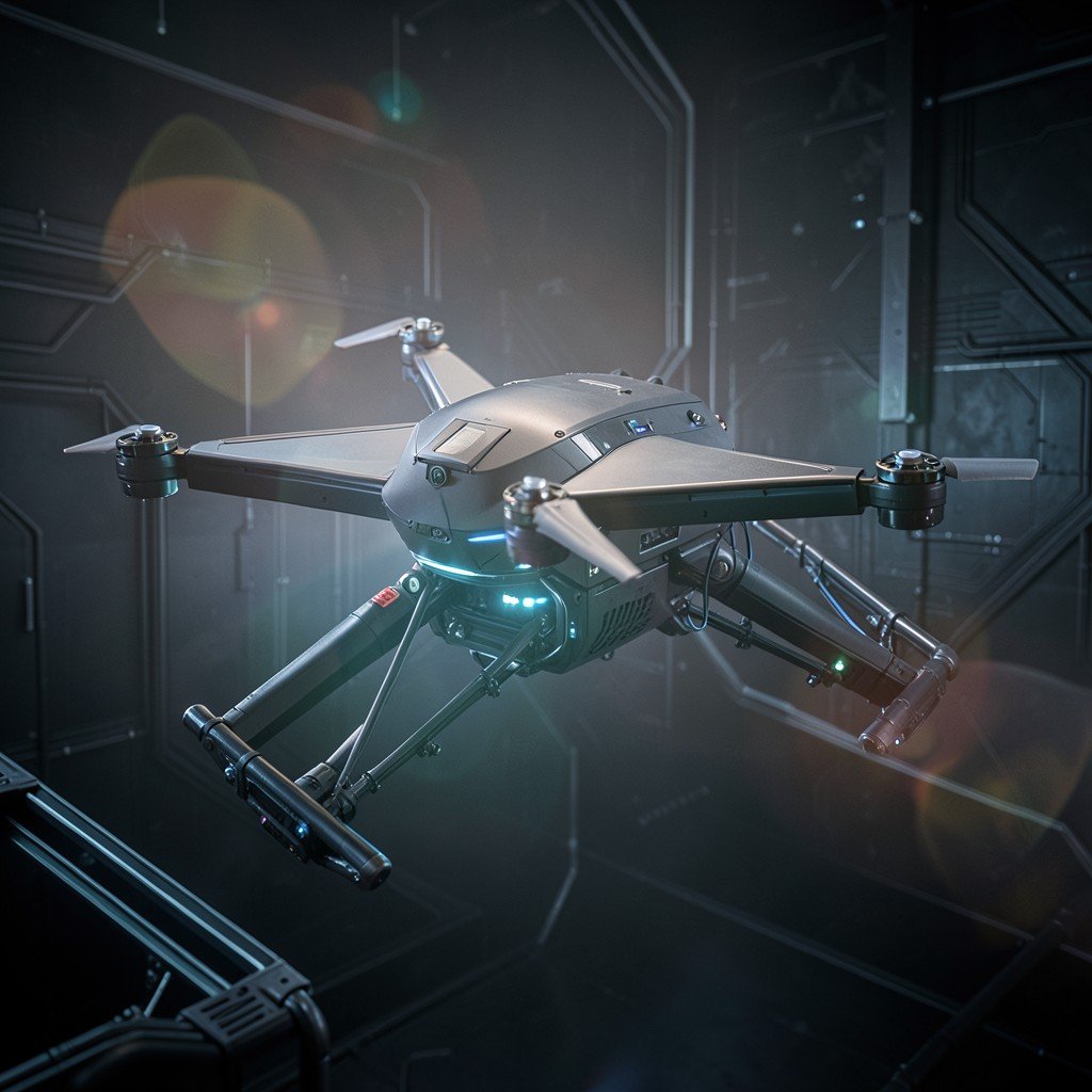 High-tech military drone surveillance technology in operation, soft lens flare, sleek industrial design, dark tech background, hyper realistic, 4:3
