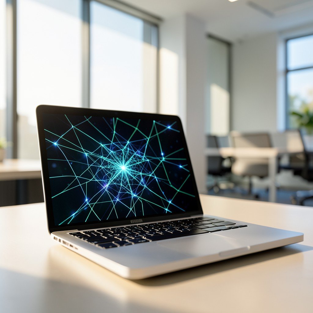 Professional workspace with a clean laptop screen, abstract digital neural network overlay representing AI control, modern office interior, soft sunlight, realistic style, 4:3 aspect ratio.