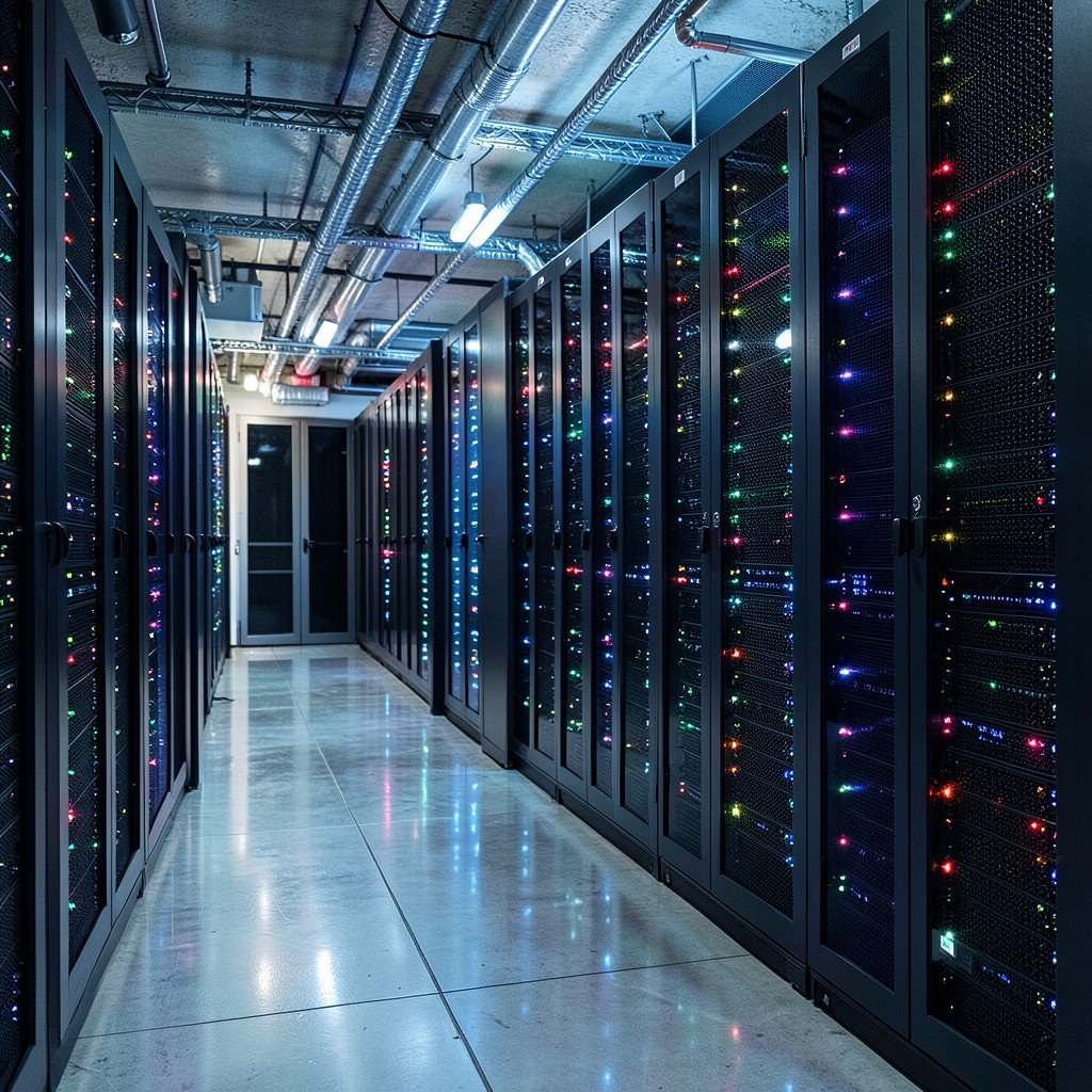 Modern data center interior, rows of server racks with blinking lights, high-tech industrial aesthetic, balanced lighting, photorealistic, 16:9 ratio