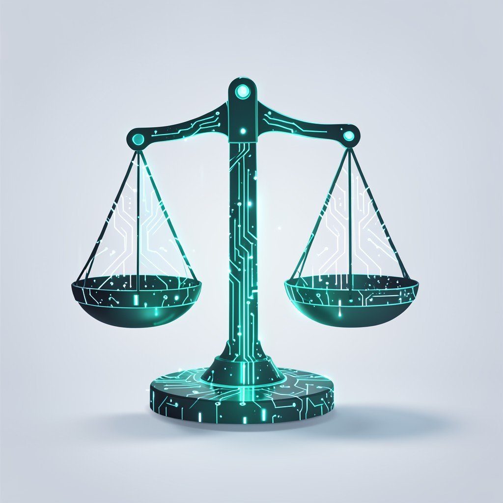 A symbolic image of a legal scale with a glowing digital circuit pattern, representing the intersection of law and technology, professional and clean aesthetic, 4:3 aspect ratio.