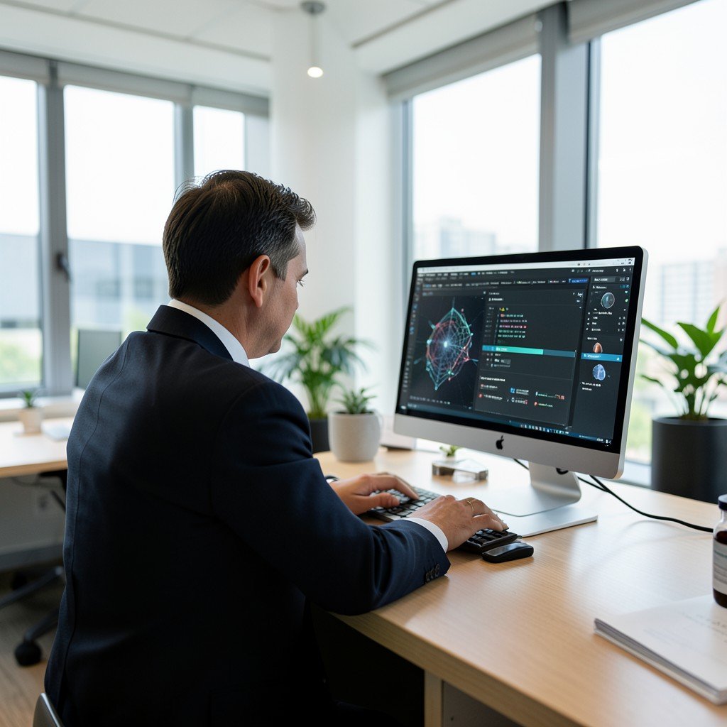 A modern office environment featuring a lawyer using a computer with AI software, natural lighting, professional atmosphere, realistic style, 16:9 aspect ratio.