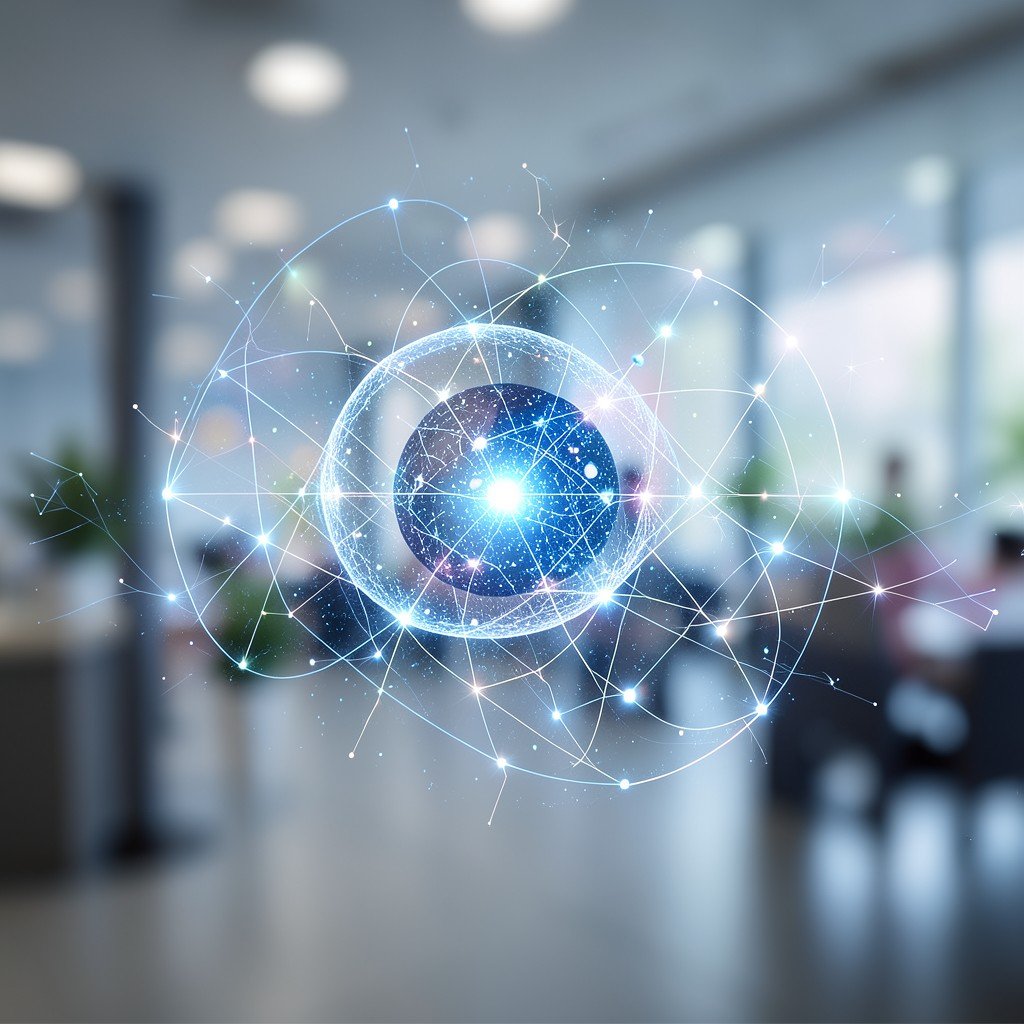 Futuristic abstract representation of artificial intelligence technology in a professional environment, soft bokeh background, high quality photography, 16:9 aspect ratio.